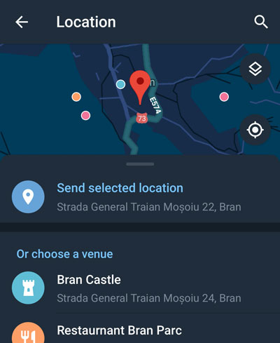 A shared location on a map in Night Mode on Telegram for Android.